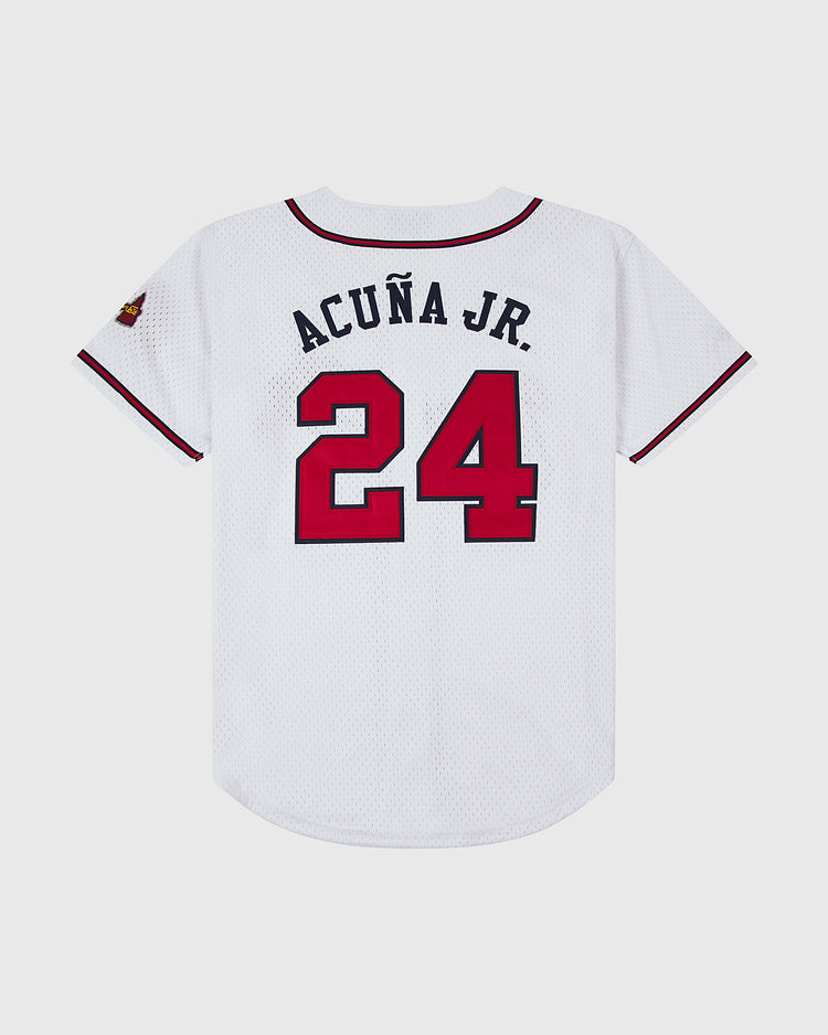 The Ebbets Field Ronald Acuña Jr. Gwinnett Braves Mesh Button-Up Jersey features white fabric with red and black trim, plus ACUÑA JR. and number 24 in large red digits on the back.
