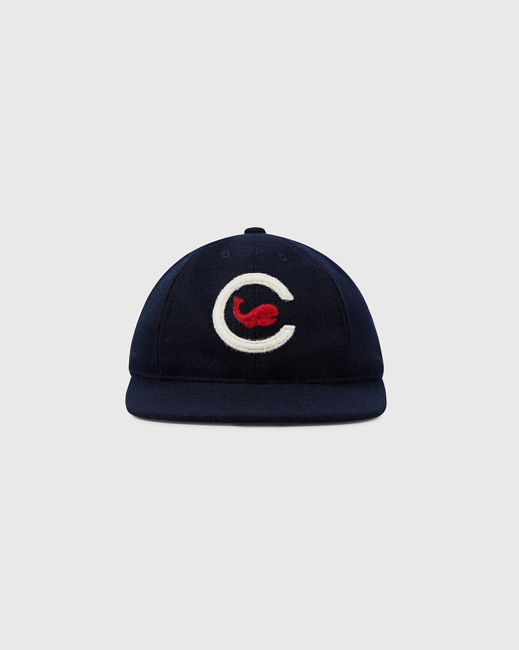 The Ebbets Field NEW - Chicago Whales 1915 Vintage 8-Panel Ballcap features a navy blue design with a white C and red whale logo, shown against a plain light grey background.