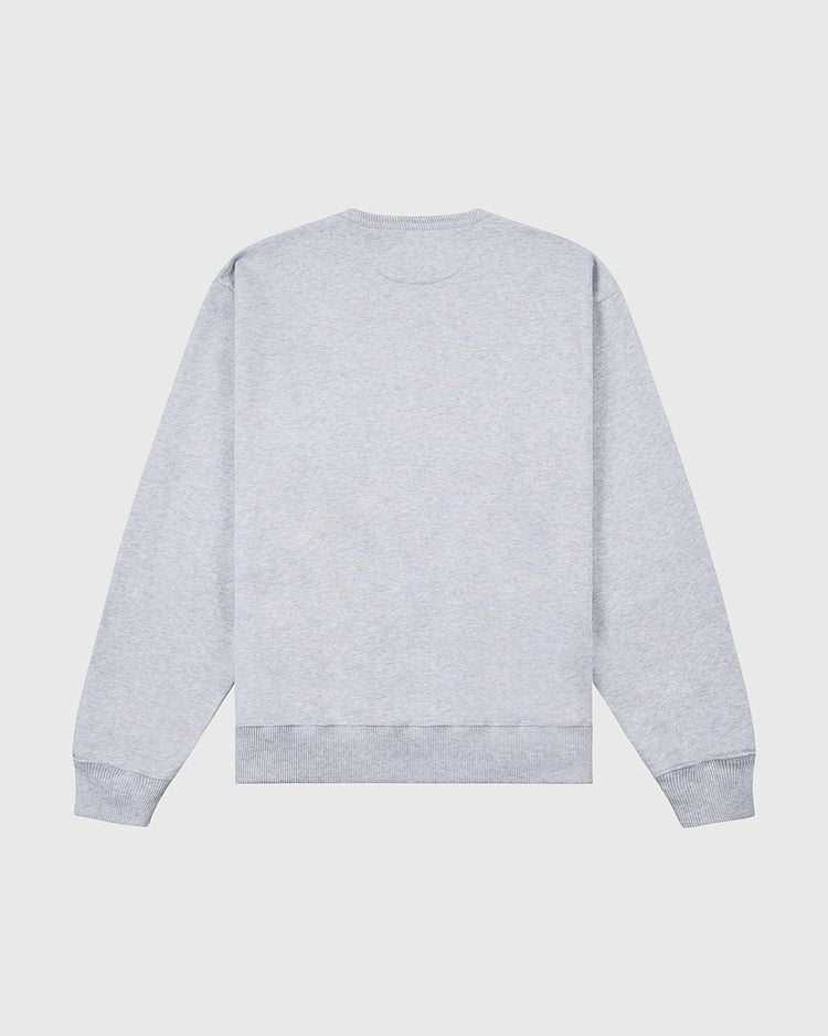 The Ebbets Field UNIVERSITY OF NORTH CAROLINA CREWNECK SS H-GRY is displayed laid flat, back up. It features a plain light gray design with long sleeves, ribbed cuffs, and waistband.
