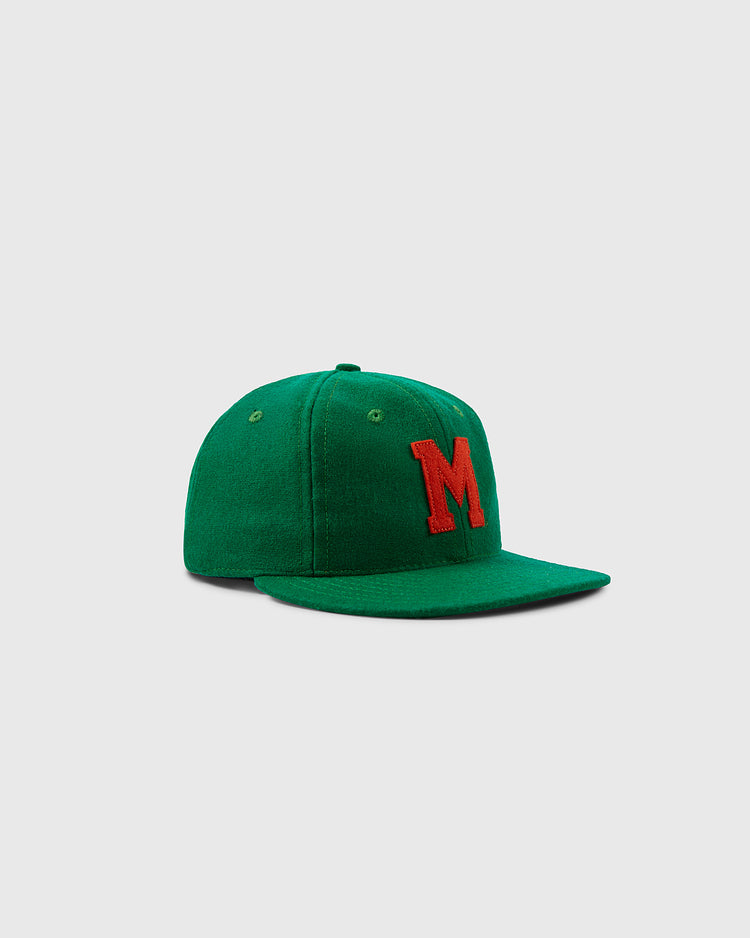 The University of Miami 1947 Vintage Ballcap by EFF is a green wool cap with a red, raised letter M on the front, shown against a plain light gray background.