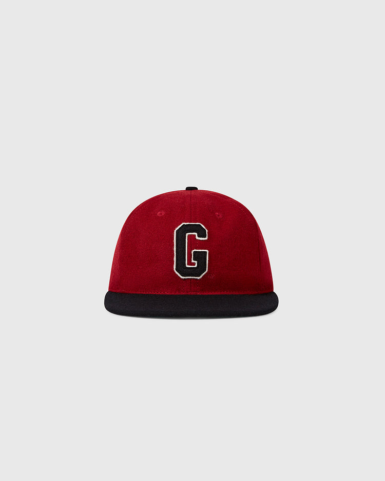 The EFF University of Georgia 1966 Vintage Ballcap features a red crown, black brim, and a bold white-outlined black G on the front, shown against a plain light gray background.