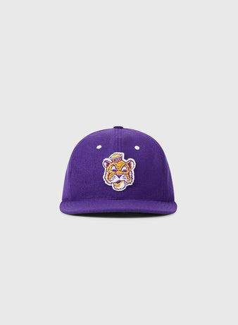 The EFF Louisiana State University Mascot Vintage Ballcap is a purple vintage cap with an embroidered cartoon tiger face, inspired by college sports mascots, shown against a plain light gray background.