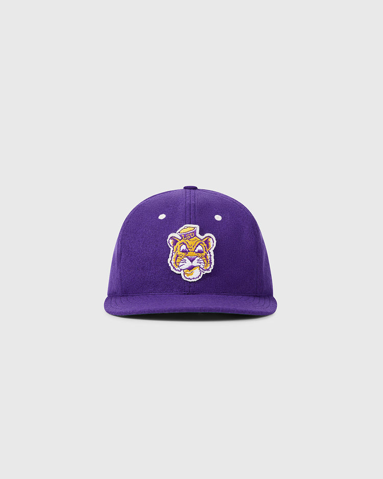 The EFF Louisiana State University Mascot Vintage Ballcap is a purple vintage cap with an embroidered cartoon tiger face, inspired by college sports mascots, shown against a plain light gray background.