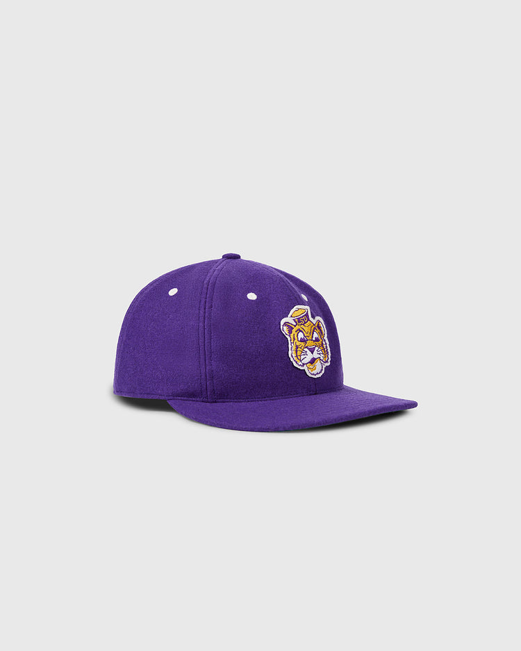 The EFF Louisiana State University Mascot Vintage Ballcap features a purple flat-brim design with an embroidered cartoon tiger face on the front, inspired by college sports mascots, shown on a light gray background.