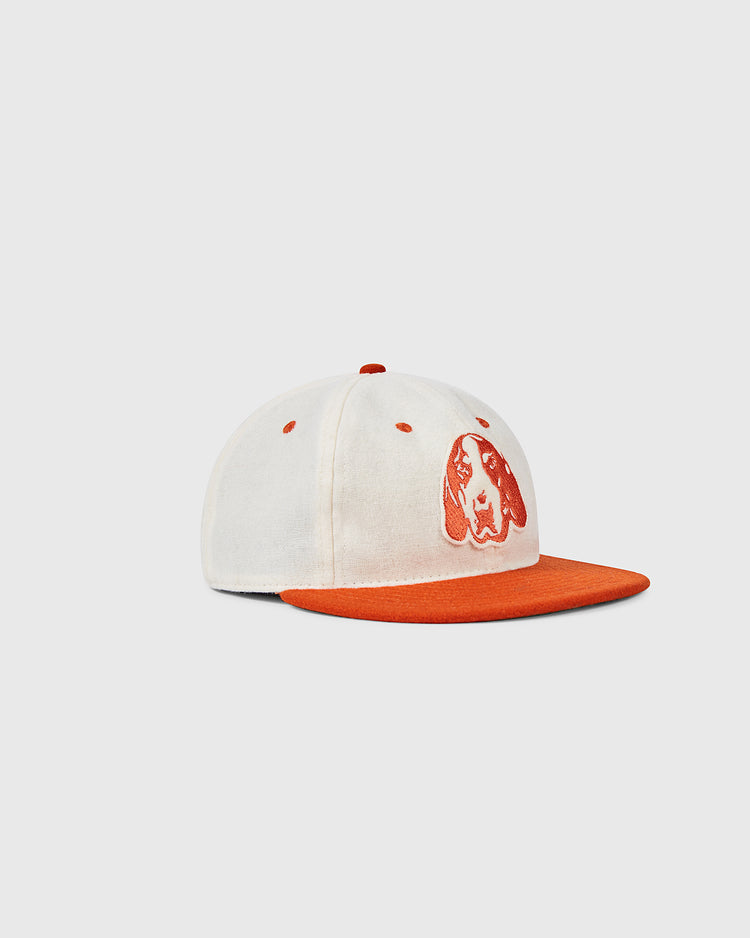 The Ebbets Field Flannels University of Tennessee Mascot Vintage Ballcap features a white crown, orange brim, and an embroidered orange dog face on the front, photographed on a plain white background.