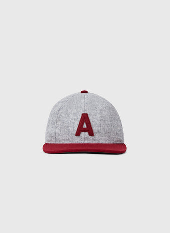 The EFF University of Alabama 1930 Vintage 8-Panel Ballcap features gray wool, a maroon brim, and a bold maroon A on the front—ideal for collectors. Shown against a simple light background.