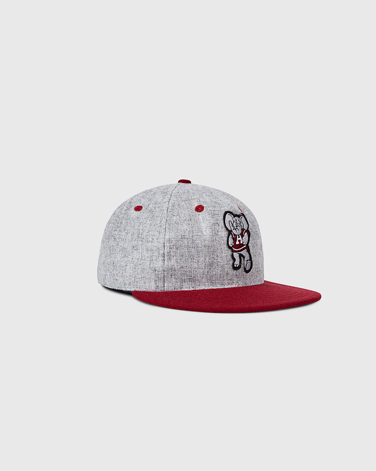 The University of Alabama Mascot Vintage Ballcap by EFF features a gray wool crown, maroon brim and button, and an embroidered cartoon elephant in a red #14 jersey. This playful college cap pops against a plain light gray background.