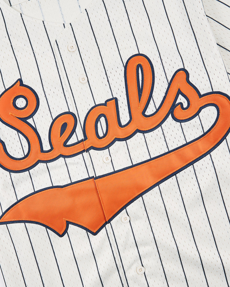 The Ebbets Field San Francisco Seals 1940 Mesh Button-Up Jersey features white pinstripes, orange