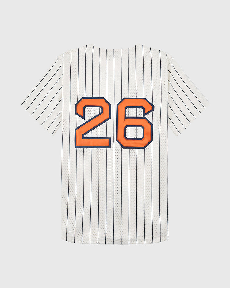The Ebbets Field San Francisco Seals 1940 Mesh Button-Up Jersey features white mesh with navy pinstripes, short sleeves, and large orange “26” on the back—an authentic throwback to Seals Stadium.