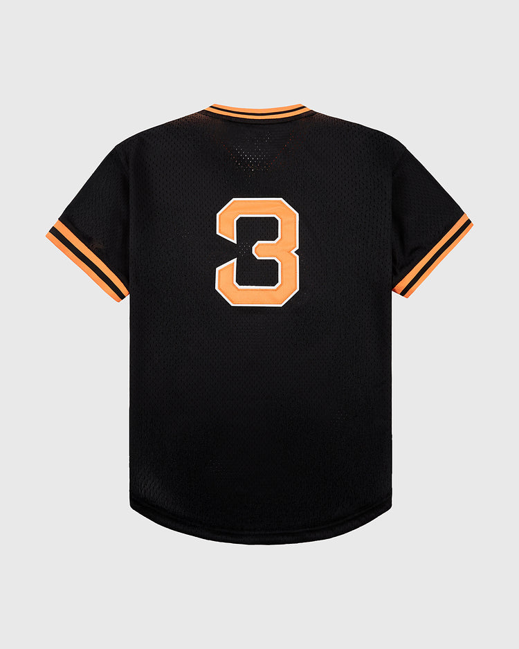 The Ebbets Field Sioux City Ghosts Mesh V-Neck Jersey features black mesh with orange and white trim, a bold number 3 on the back, and is shown against a plain light gray background.