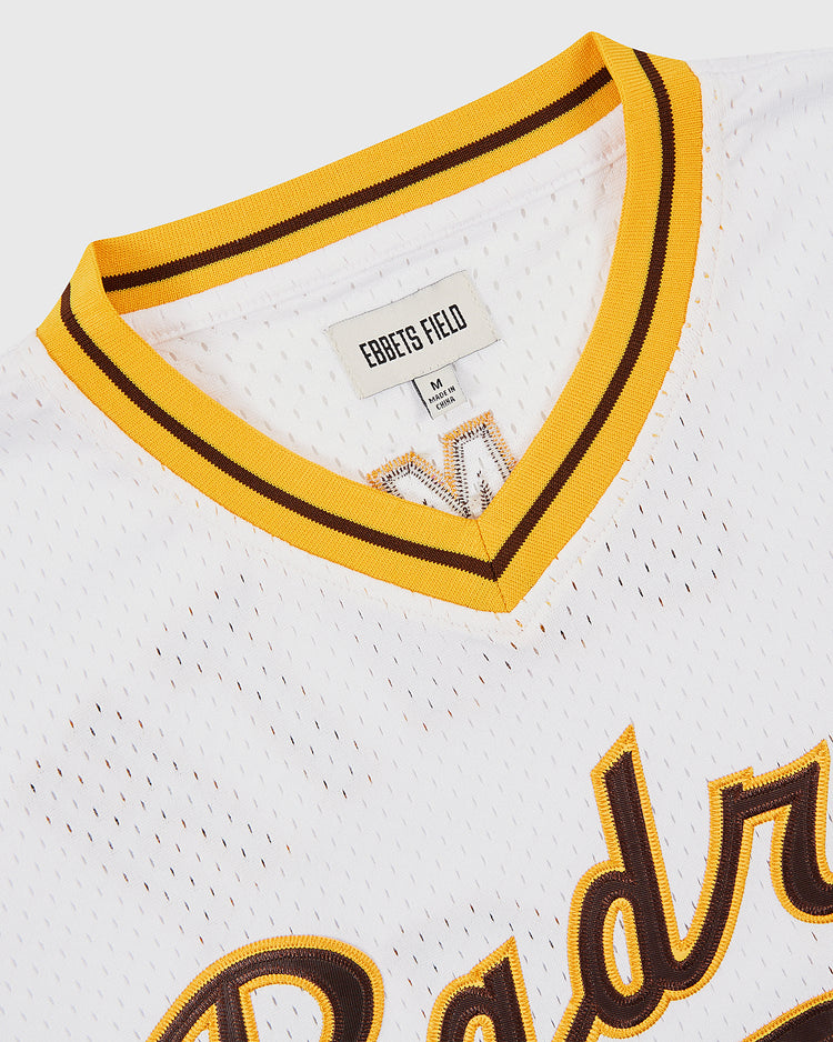 Close-up of the Ebbets Field Ozzie Smith Walla Walla Padres Mesh V-Neck Jersey, featuring white mesh with yellow and brown collar trim.