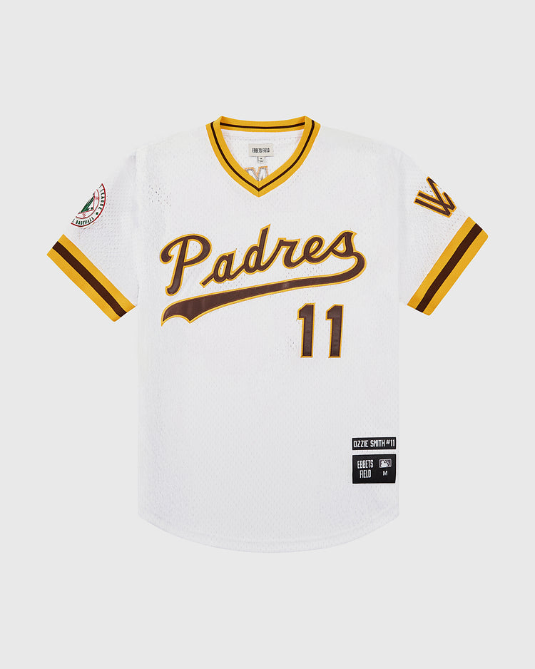 The Ebbets Field Ozzie Smith Walla Walla Padres Mesh V-Neck Jersey features white mesh, yellow and brown trim, Padres script front, #11, and sleeve patches honoring Ozzie Smith and the Cooperstown Collection.
