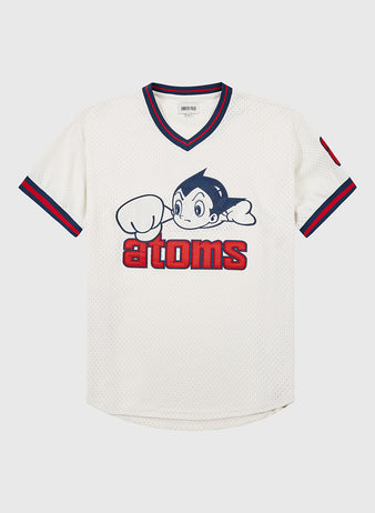 The Sankei Atoms Mesh V-Neck Jersey by Ebbets Field is a white short-sleeve jersey with navy and red trim, featuring an Astro Boy-inspired character with fist raised above