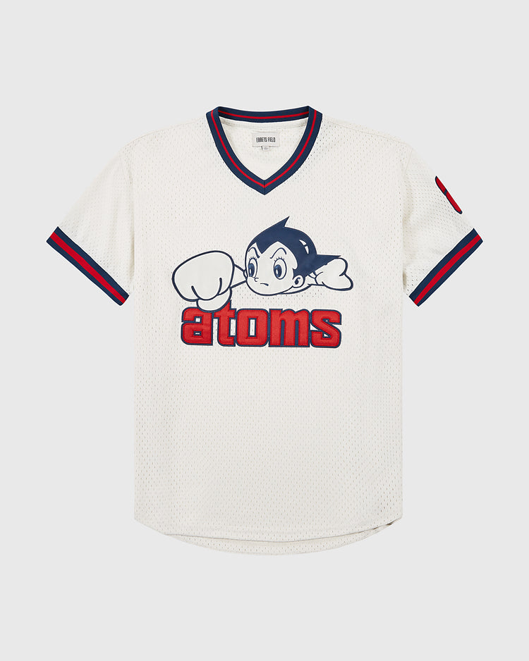 The Sankei Atoms Mesh V-Neck Jersey by Ebbets Field is a white short-sleeve jersey with navy and red trim, featuring an Astro Boy-inspired character with fist raised above