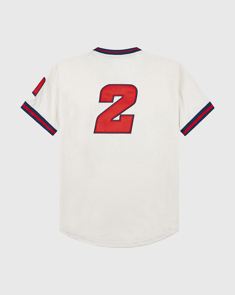 The Ebbets Field Sankei Atoms Mesh V-Neck Jersey is a white sports jersey with blue and red sleeve and collar trim, inspired by the Yakult Atoms, featuring a large red number 2 outlined in blue on the back.