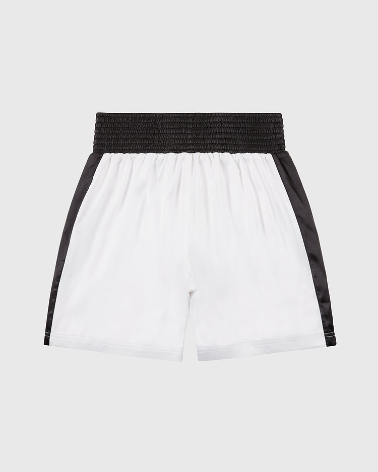 Ebbets Field Muhammad Ali Vintage Inspired Boxing Trunks in white, featuring a wide black elastic waistband and black side stripes, reminiscent of the iconic Thrilla in Manila attire. Displayed on a light gray background.