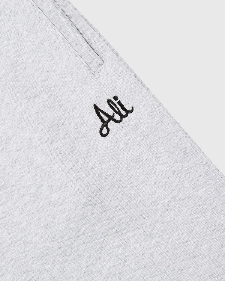Close-up of light grey heavyweight cotton terry sweatpants from Ebbets Field, featuring