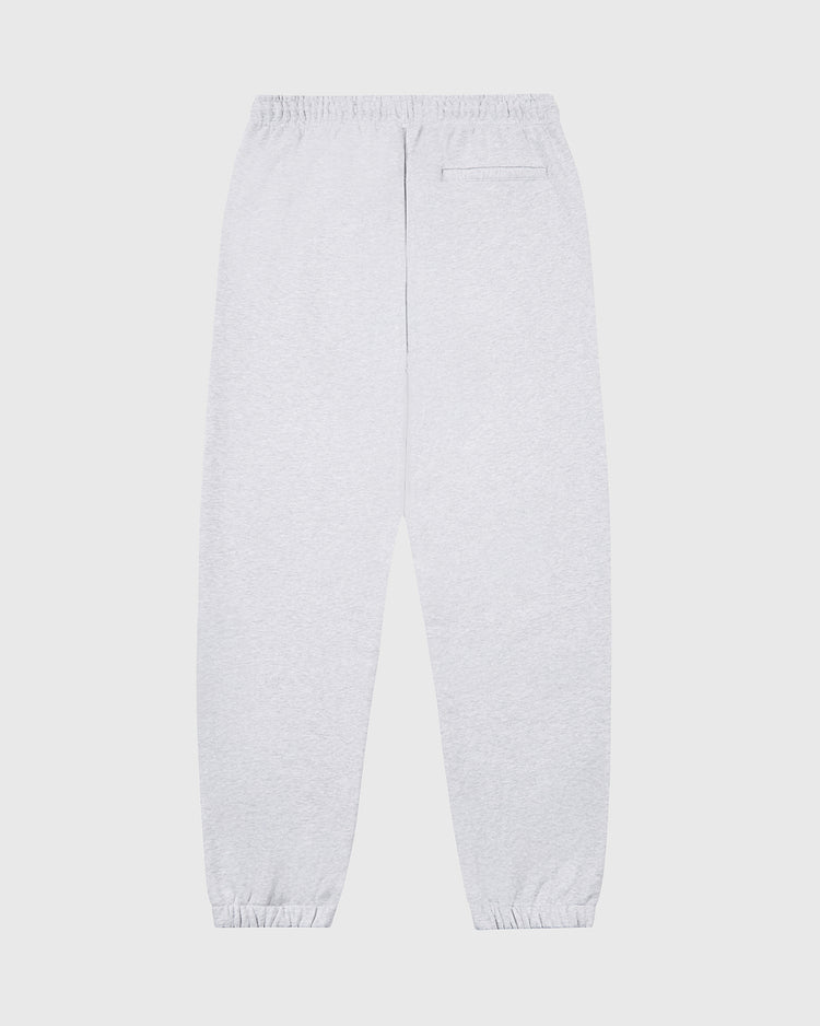 The Ebbets Field Muhammad Ali Embroidered Heavyweight Cotton Terry Sweatpants in light gray feature a minimalistic design, elastic waistband, right-side back pocket, and ankle cuffs. Part of the Thrilla in Manila collection.