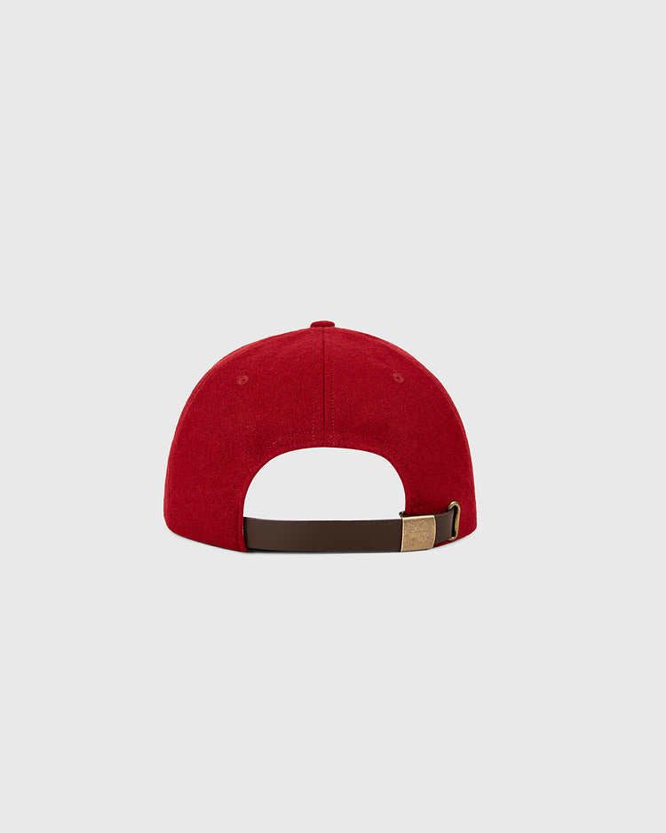 The Ebbets Field Philadelphia Phillies 1964 MLB Authentic Wool Ballcap, shown from the back with a brown adjustable strap and brass buckle, is set against a plain light gray background.