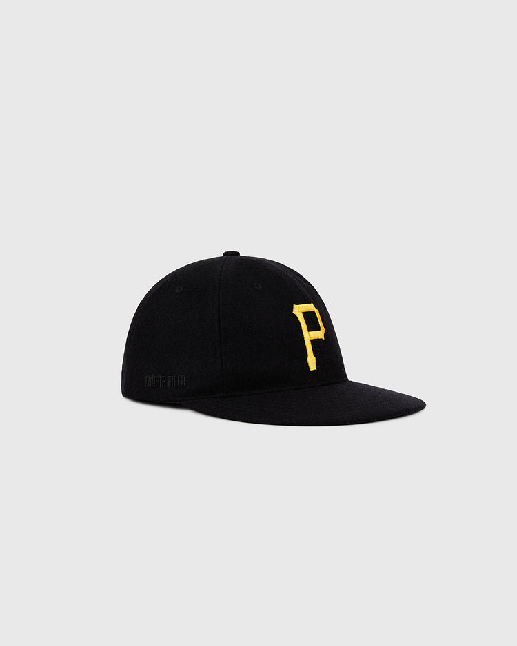 The Ebbets Field Pittsburgh Pirates 1960 MLB Authentic Wool Ballcap features a black design with a yellow