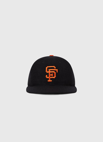 The Ebbets Field San Francisco Giants 1958 MLB Authentic Wool Ballcap, featuring a black crown and orange SF logo, is shown on a plain light gray background.