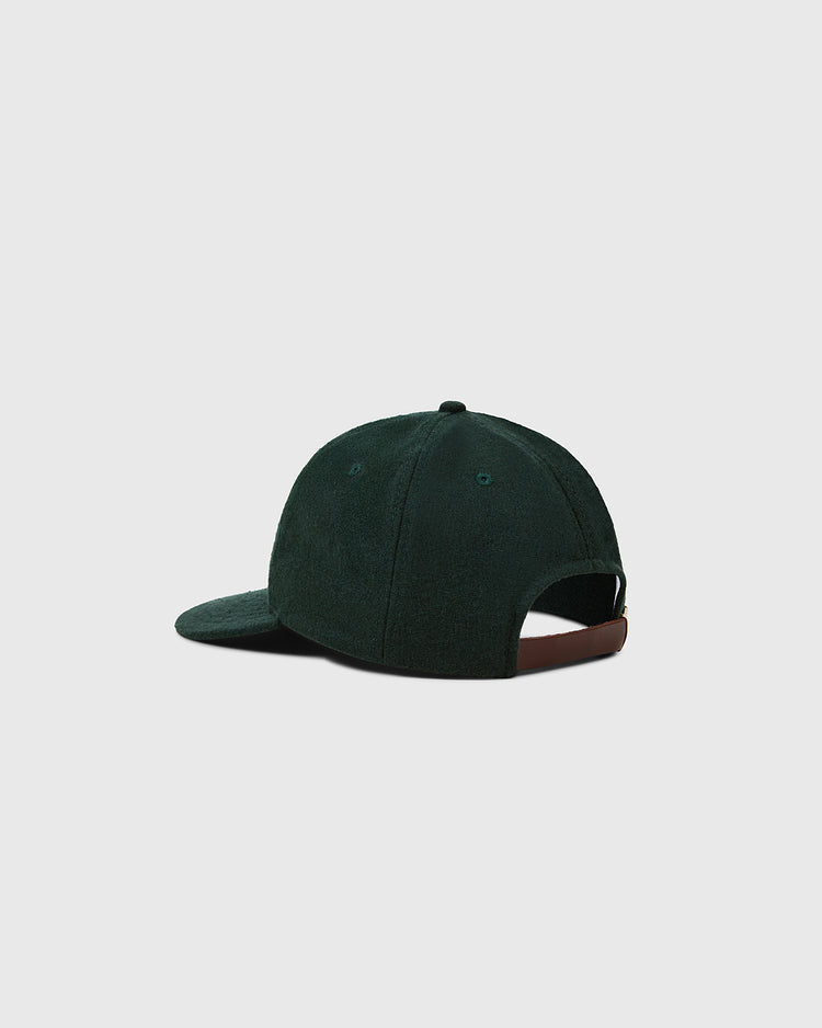 The Ebbets Felt 'E' Wool Ballcap by Ebbets Field—shown from the back on a light gray background—features dark green wool, a brown adjustable strap with metal buckle, and classic vintage styling.