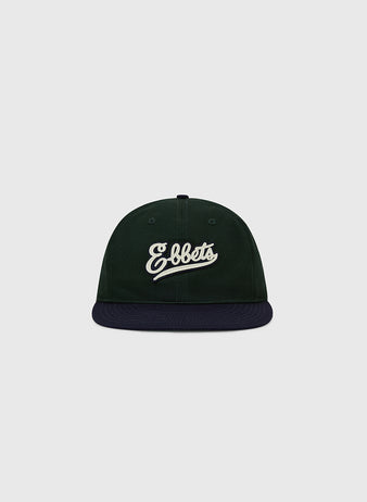 The Ebbets Field Flannels Ebbets Felt Script Cotton Twill Ballcap features dark green twill, a black brim, and white