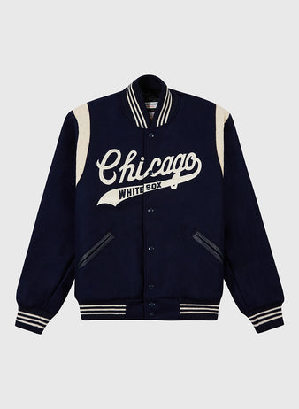 EFF's Chicago White Sox 1967 Authentic All Wool Varsity Jacket features navy blue wool with cream stripes on the cuffs, collar, and hem, plus large cream