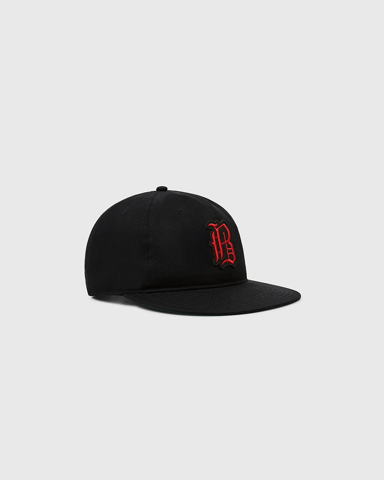The Ebbets Field Birmingham Black Barons 1951 Cotton Twill Ballcap is a black cap with a red embroidered