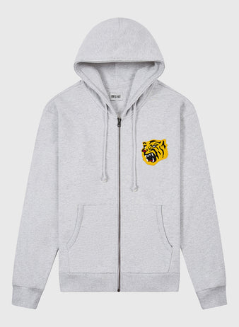 The Ebbets Field Osaka Tigers Heavyweight Cotton Terry Full-Zip Hoodie features a light gray vintage style, front pockets, hood with adjustable drawstrings, and a bold yellow tiger head graphic on the left chest for retro flair.