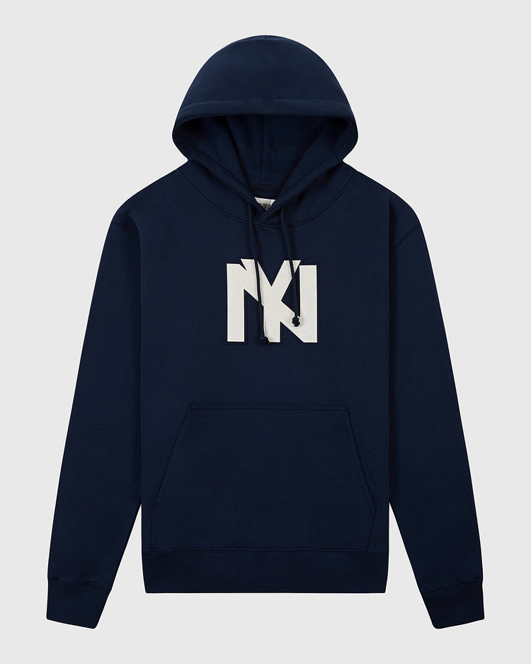The Ebbets Field Brooklyn Eagles Heavyweight Cotton Terry Pullover Hoodie features a navy blue design with a bold white geometric NY logo, front kangaroo pocket, and drawstrings, inspired by the Brooklyn Eagles, shown on a plain light background.