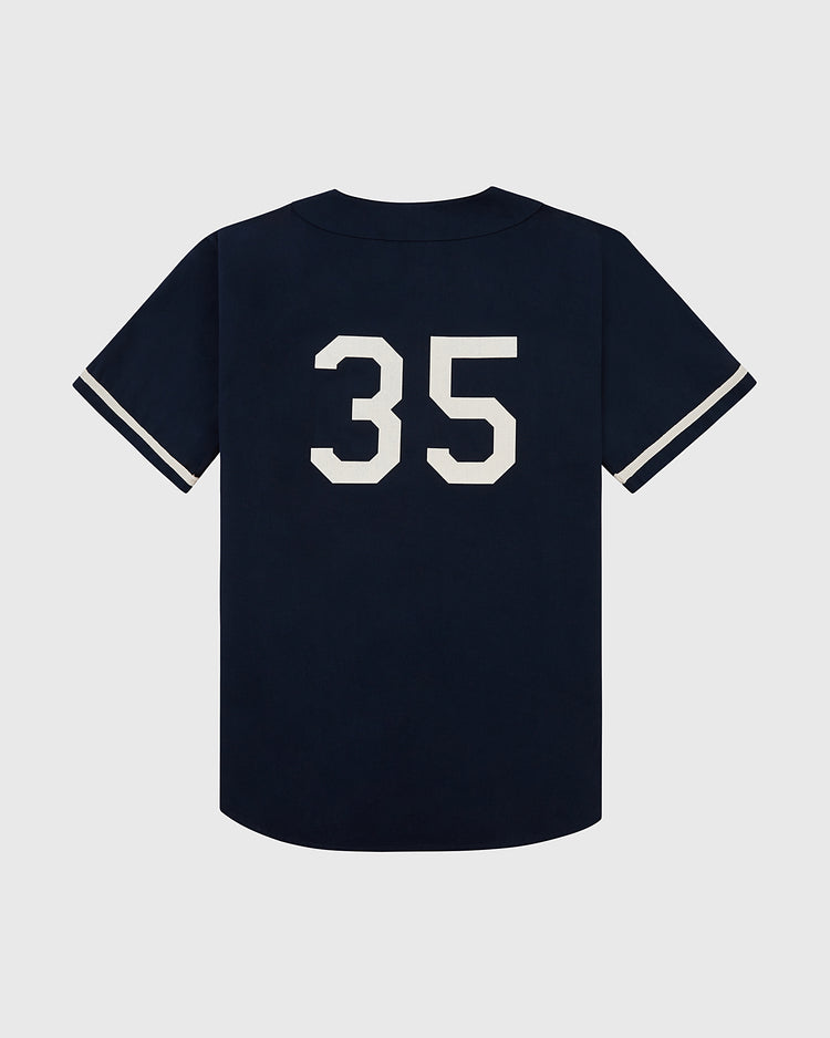 The Ebbets Field Brooklyn Eagles Cotton Twill Baseball Jersey features navy blue fabric, white sleeve stripes, and bold white number 35 on the back, displayed on a plain light gray background.