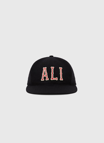 The Muhammad Ali Vintage Inspired Wool Ballcap by Ebbets Field is a black wool baseball cap with