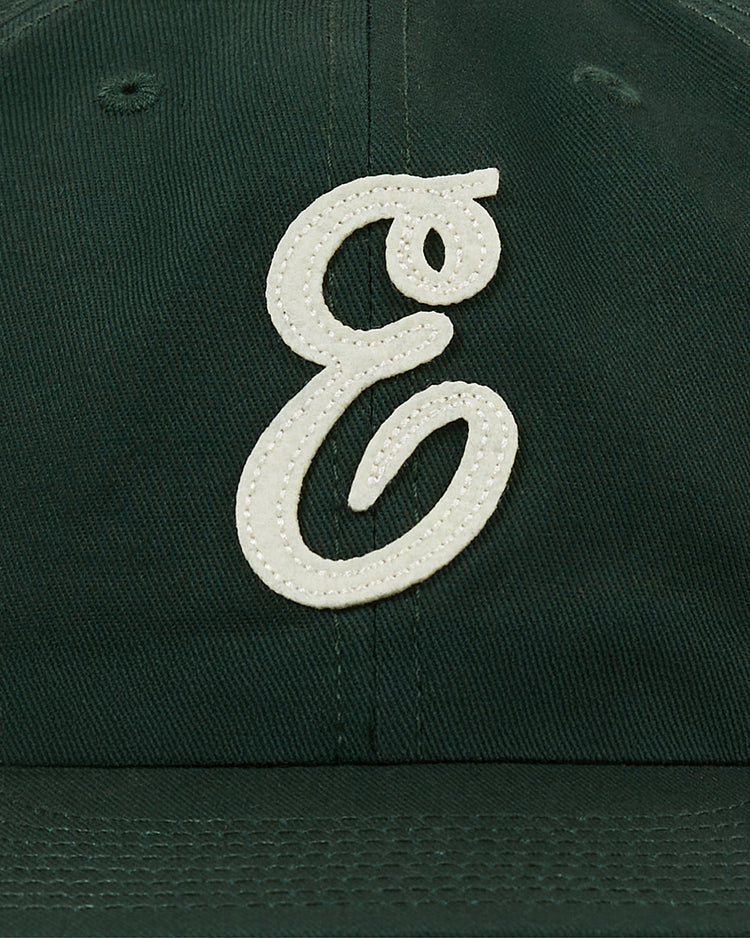 The Ebbets Felt 'E' Cotton Twill Ballcap by Ebbets Field features a dark green cotton twill design with a bold white felt