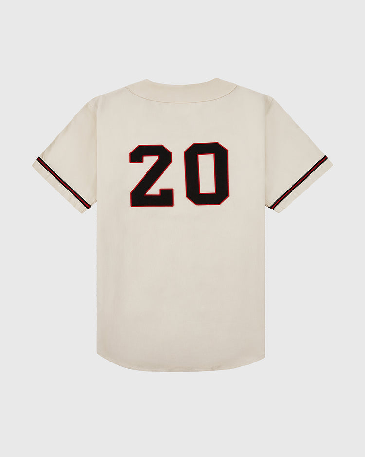 The Ebbets Field Birmingham Black Barons Cotton Twill Jersey features a cream color, black and red sleeve stripes, and the number 20 on the back with black and red details—a tribute to legendary players like Willie Mays.