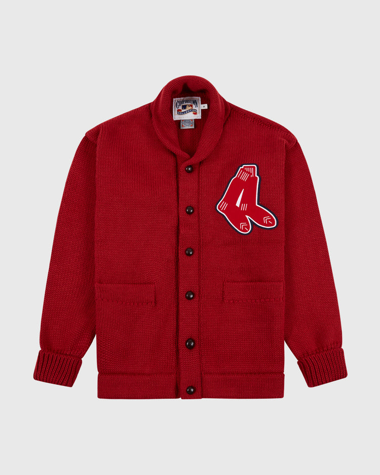 The EFF Boston Red Sox 1924-1960 Wool Shawl Collar Sweater features a red button-up design with front pockets, ribbed cuffs, and a large hanging socks logo on the left chest, displayed on a plain light gray background.