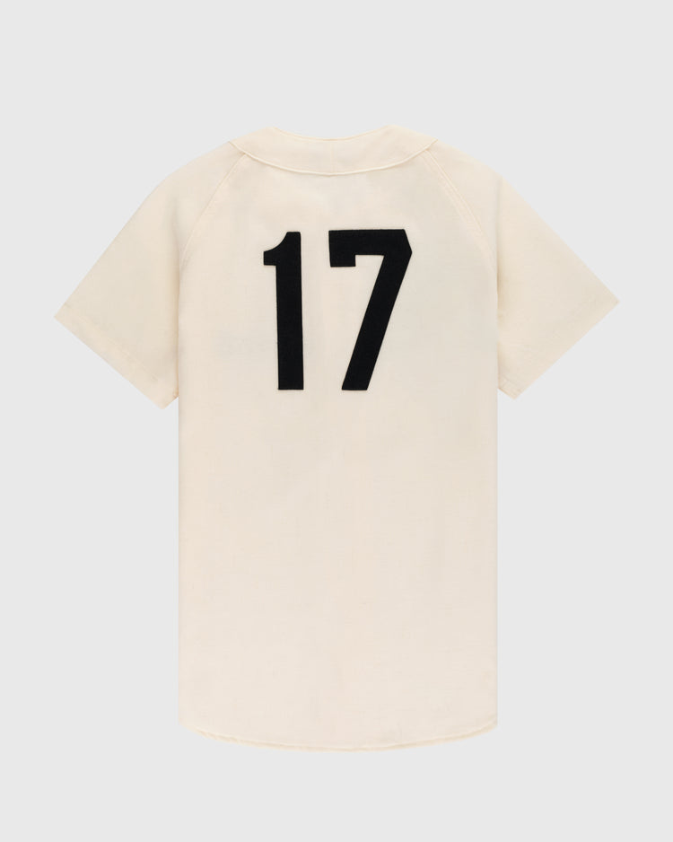 An off-white, short-sleeve EFF Topeka Owls 1947 Authentic Wool Home Baseball Jersey is shown from the back, with a bold black 17 printed in the center.