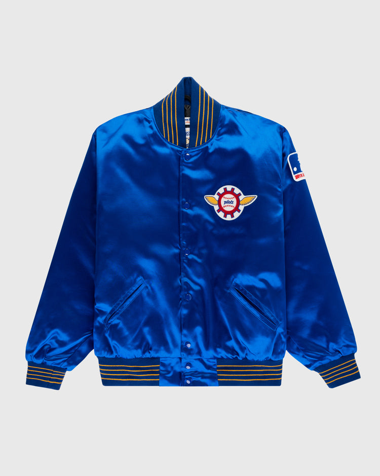The EFF Seattle Pilots 1969 Authentic All Satin Varsity Jacket features bright blue satin, striped ribbed trim, a winged gear chest patch, and a small left sleeve patch—making it a true replica team jacket.