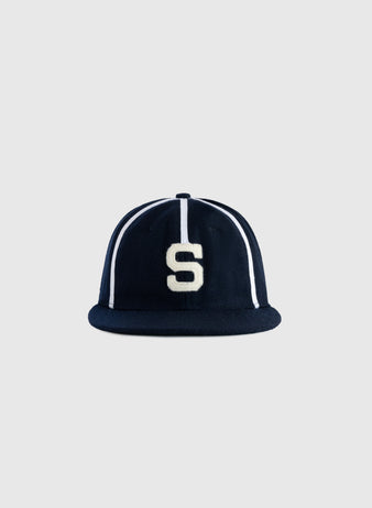 The EFF Sacramento Solons 1945 Authentic Wool Softbrim Ballcap features navy wool, white piping, and a bold white S on the front, shown against a plain light gray background.
