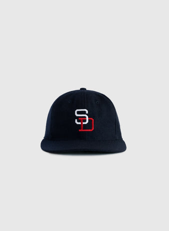 The EFF San Diego Padres (PCL) 1956 Authentic Wool Ballcap features a navy blue design with an interlocking white S and red D SD logo on the front, shown against a plain light gray background.