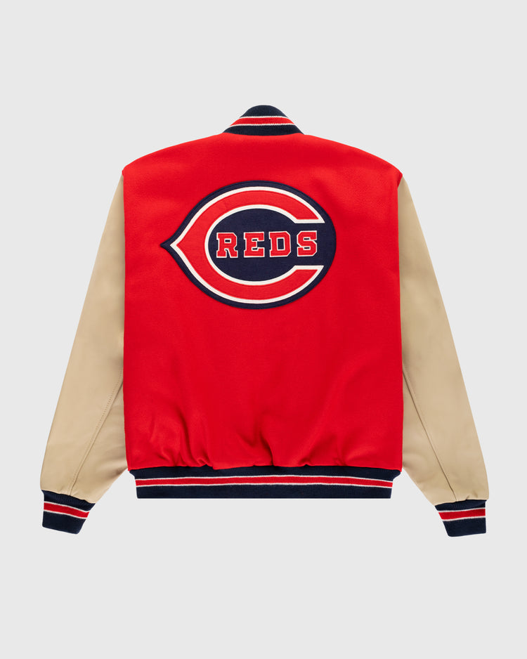 The EFF Cincinnati Reds 1940 Authentic Wool & Leather Jacket features red wool, beige leather sleeves, striped trim, and a bold team logo on the back for classic style.