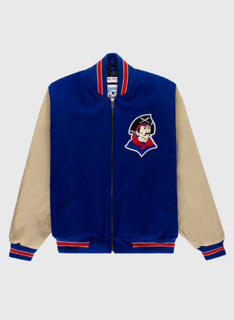 The EFF Pittsburgh Pirates 1945 Authentic Wool & Leather Varsity Jacket features royal blue wool, tan leather sleeves, red-white-blue striped cuffs and collar, and a patriot head patch—a standout replica baseball jacket.