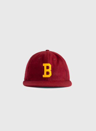 The EFF Brooklyn College 1959 Authentic Wool Ballcap features a maroon design with an authentic yellow felt B logo on the front, shown against a plain light gray background.