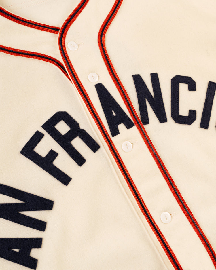 Close-up of the EFF San Francisco Sea Lions 1946 Authentic Wool Home Jersey, cream-colored with black