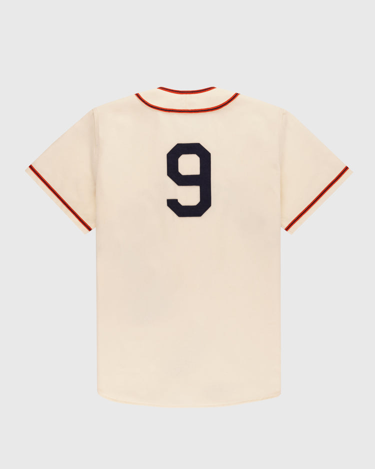 The EFF San Francisco Sea Lions 1946 Authentic Wool Home Jersey is cream with red collar and sleeve trim, inspired by the original SF Sea Lions, and features a large black number 9 on the back.