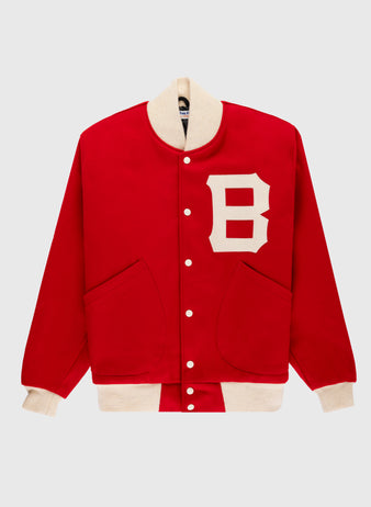 The EFF Boston Bees 1939 Authentic All Wool Varsity Jacket features red wool with cream cuffs, collar, and hem, a large white B on the left chest, snap buttons, and vintage sportswear style inspired by the 1939 team.