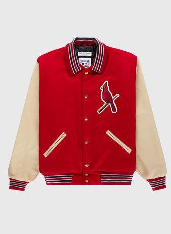 The EFF St. Louis Cardinals 1940 Authentic Wool & Leather Jacket features a red varsity body, beige leather sleeves, striped cuffs and collar, gold buttons, and a 1940s-inspired bird logo on the front left chest.