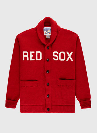 The EFF Boston Red Sox 1917 Wool Shawl Collar Sweater features red knit wool, black buttons, two front pockets, “RED SOX” in white across the chest, and a vintage-style collar tag inspired by the Dead Ball Era.