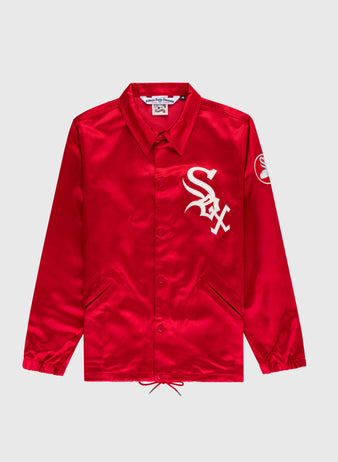 The EFF Chicago White Sox 1971 Satin Windbreaker Jacket features bright red satin, a white stylized Sox chest logo, white sleeve emblem, collar, snap buttons, front pockets, and elastic cuffs for classic MLB vintage style.