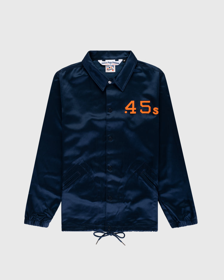 The EFF Houston Colt .45s 1962 Satin Windbreaker Jacket is a navy blue satin coach jacket with a collar, snap buttons, front pockets, drawstring hem, and elastic cuffs. Large orange .45s chest text honors the classic Houston Colt .45s style.
